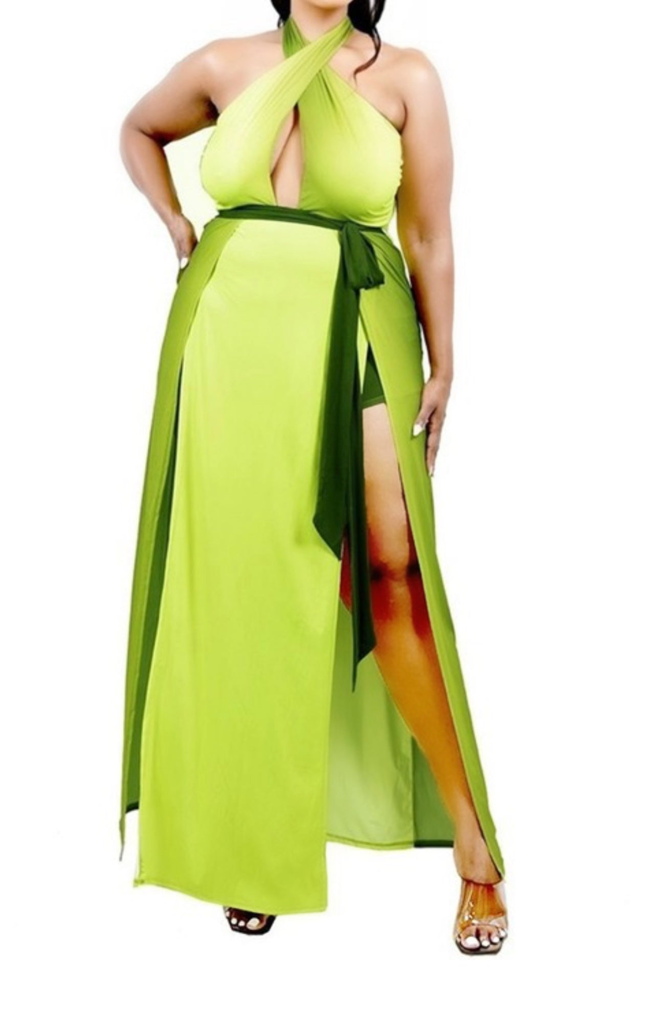 BLISS Solid Cutout Halter Waist Tie Maxi Dress