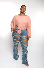 SKY High Rise Distressed Medium Blue Flare Jeans